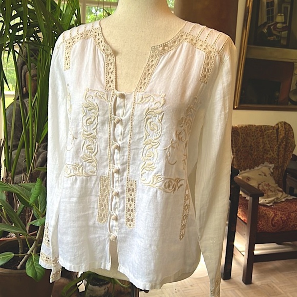 J Jill White Linen Shirt With Ecru Embroidered Trim